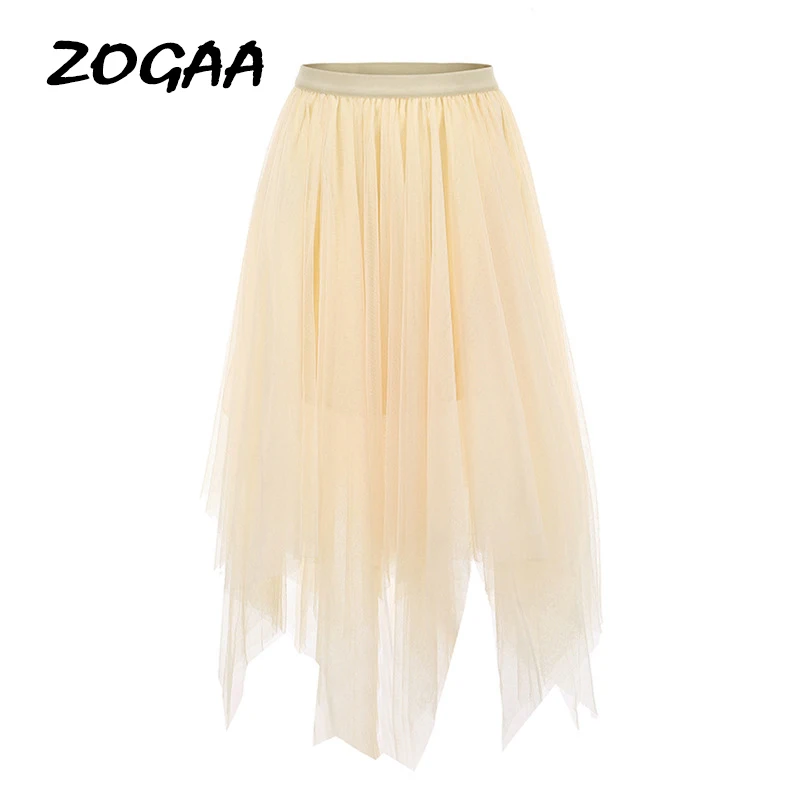 

ZOGAA Mesh Ruffled High Waist Chiffon Women Long Skirt Solid Pleated Summer New Skirt Slim Fit Casual Female Lining Midi Skirt