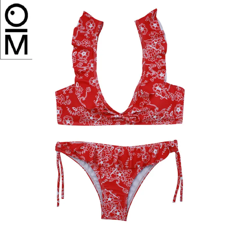 

2018 Sexy Bikinis Women Bandeau Red ruffle Bikini Plage Swimsuit Push Up Brazilian Bikini Set Vintage Beach Bathing Suit Ladies