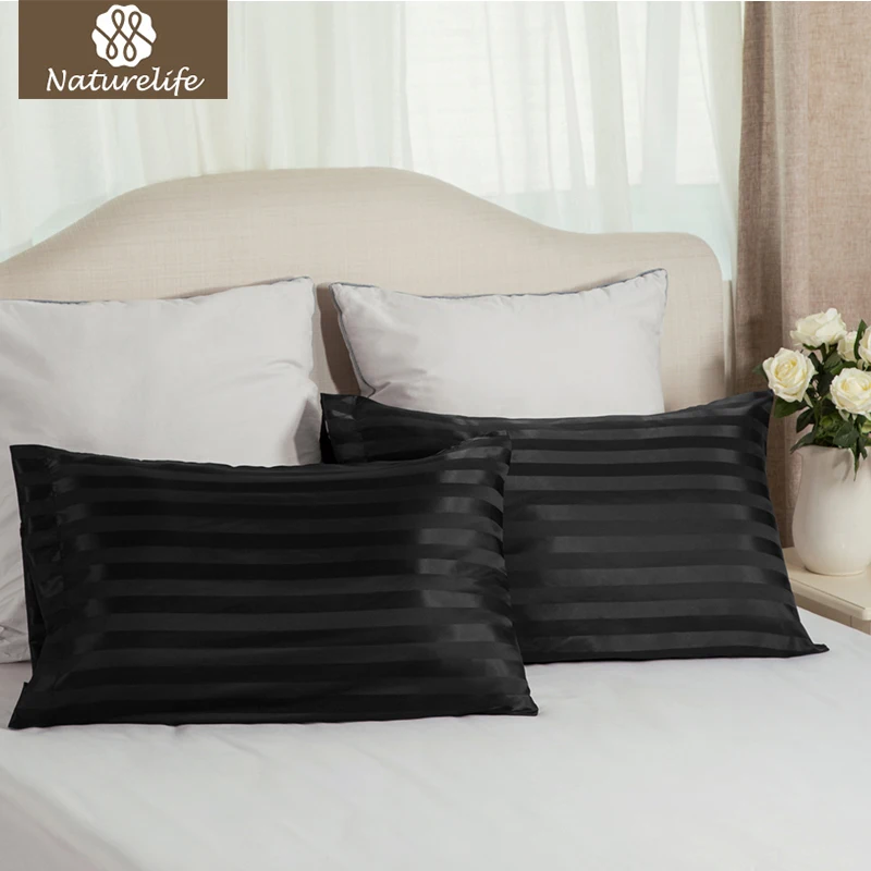 Naturelife Black Jacquard Stripes Silk Satin Pillowcase Pillow Cover