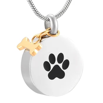 

Golden Dog Bone Charm&Paw Print Round Shape Stainless Steel Memorial Urn Pendant Hold Pet Ashes Keepsake CREMATION NECKLACE