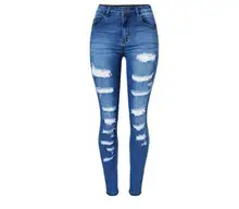Plus size 4XL Ladies High Waist jeans woman Elastic Denim Pants Cut Knee Hole female skinny