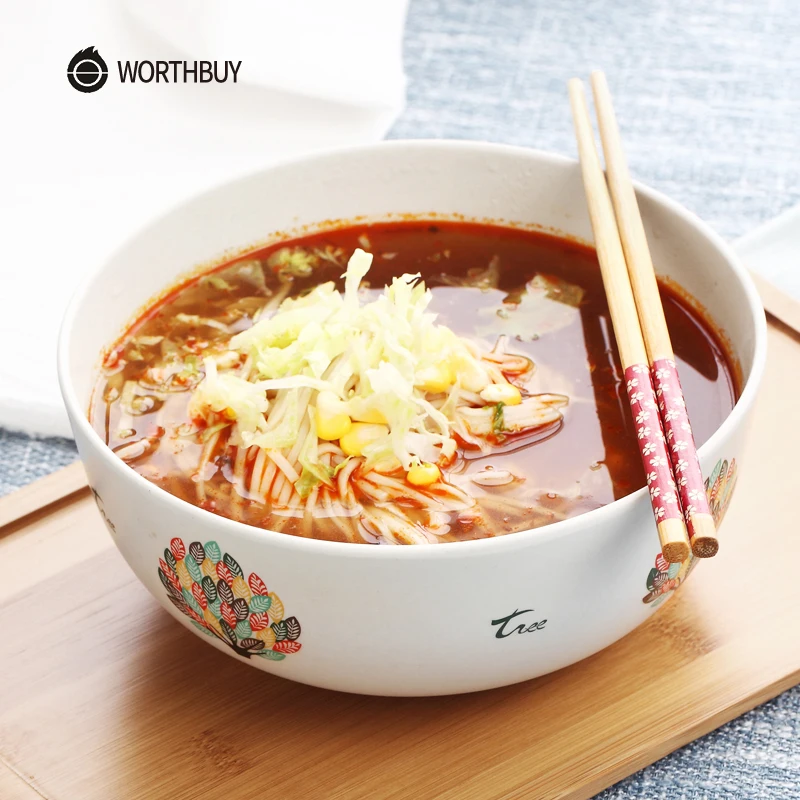 

WORTHBUY Chinese Colorful Pattern Ramen Bowl Kitchen Eco-Friendly Bamboo Soup Rice Bowl Kids Fruit Salad Bowls Food Container