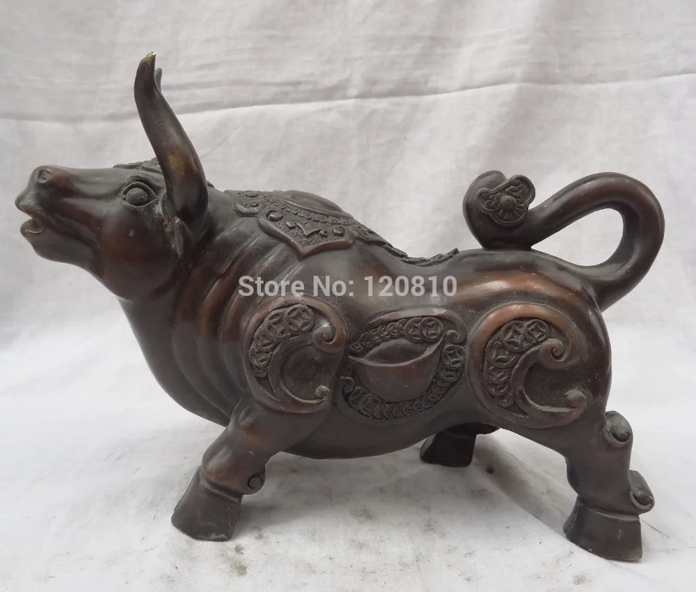 

10"China Zodiac Bronze Animals RuYi JiXiang YuanBao Wealth Coin Bull Ox Statue