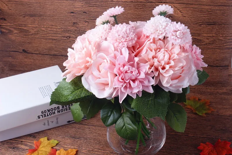 Silk flower wedding bouquet roses dahlias Artificial flowers fall vivid fake leaf wedding flower bridal bouquets decoration (6)