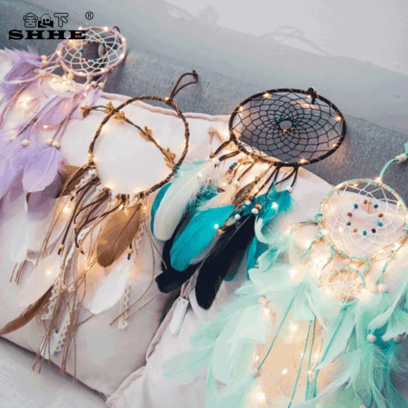

DIY light string dream catcher wind chime ornaments INS style Natural Feathers Wall Hanging Decor Innovative Gifts Wind Chimes