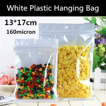 

Wholesale 100pcs 13x17cm 160micron Laminated Glossy Finish Hanging Bag White Plastic Zipper Bag Gift Hanging Bag