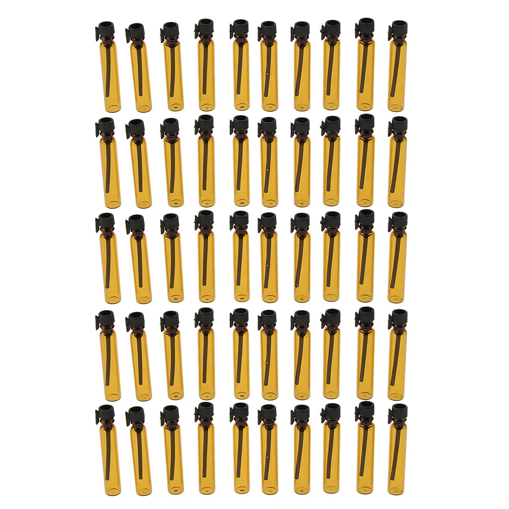 50 Pieces Essential Oils Bottles, 2ml Mini Amber Glass Vials Empty Perfume Sample Bottle with Black Dropper & Caps