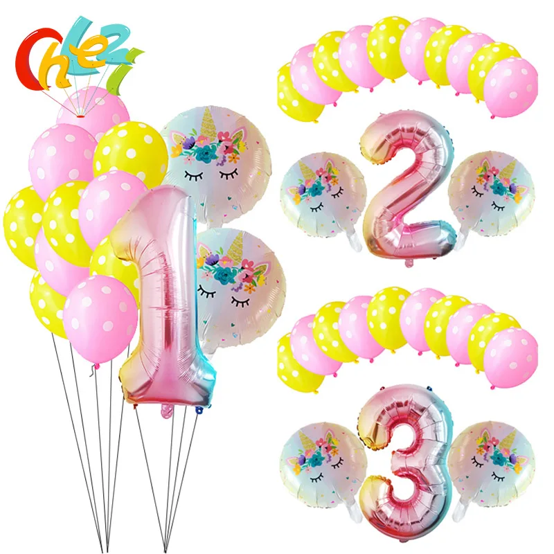 

13Pcs Iridescent Rainbow Color Birthday Balloons Gradient Unicorn party decorations Number 1 year baby shower Dot latex balloon