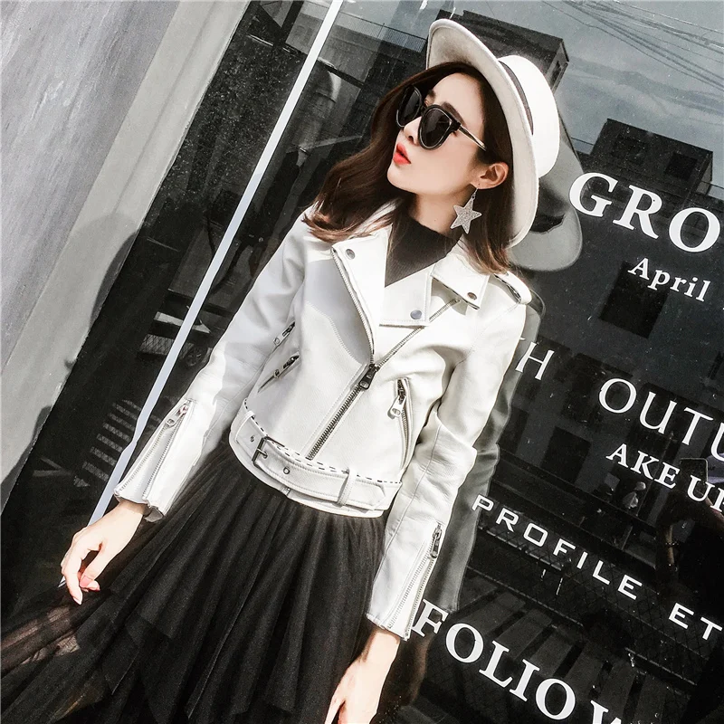 White Leather Jacket 2017 Autumn Winter Women Street Fashion Zipper Pockets Slim Short PU Faux Basic Coat Outwear Chaqueta Mujer