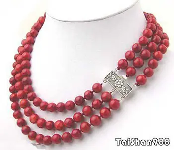 

Hot sale Free Shipping>>3 Rows 8 mm Red Coral Beads 18KWGP Flower Clasp Necklace