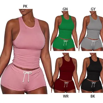 

Women 2 Piece Active Sports Outfits Sexy Sleeveless Racerback Tank Tops Bodycon Shorts Romper Jumpsuit Solid Color Tracksuit