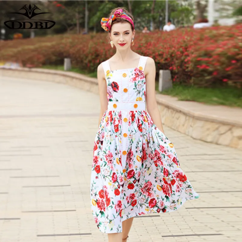 floral spaghetti dress flowers print white dresses designer runway dress high quality 2018 20180516