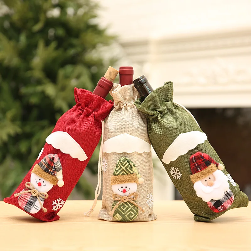 

2019 New Christmas Champagne Wine Bottle Set Linen Gift Bag Santa Snowman Table Home Decoration Christmas Gift
