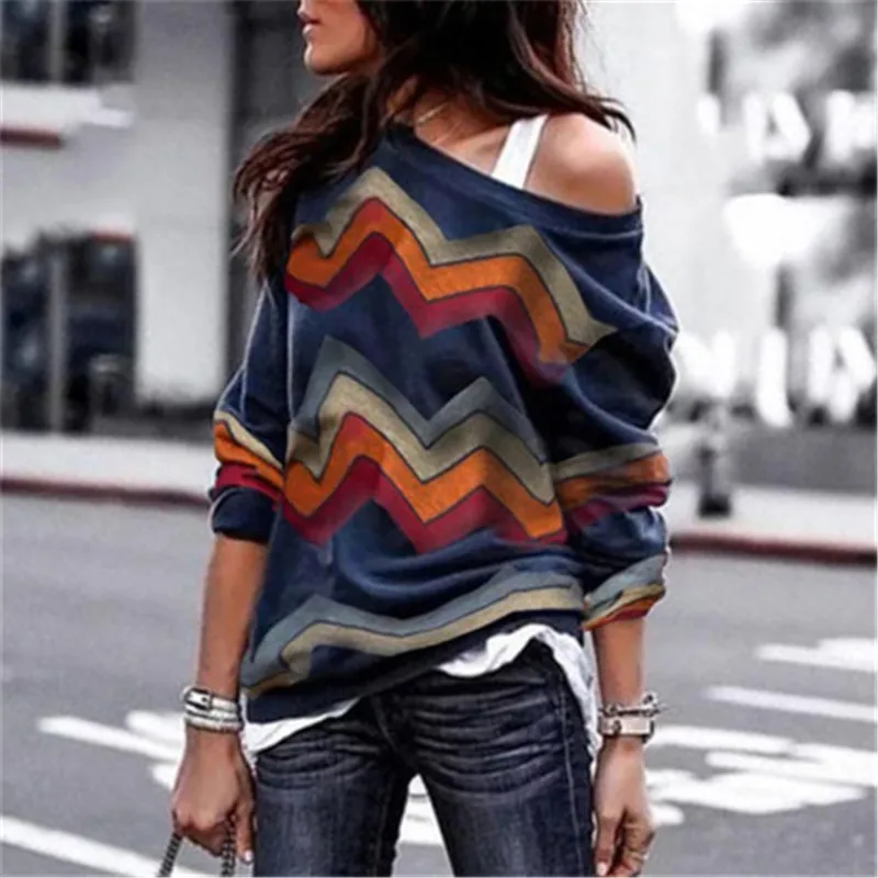 T-shirt Women Plus Size Off Shoulder Sexy Tops Tshirt Femme Long Sleeve Wave Striped Print Camiseta Mujer 2019 Shirts Women 4