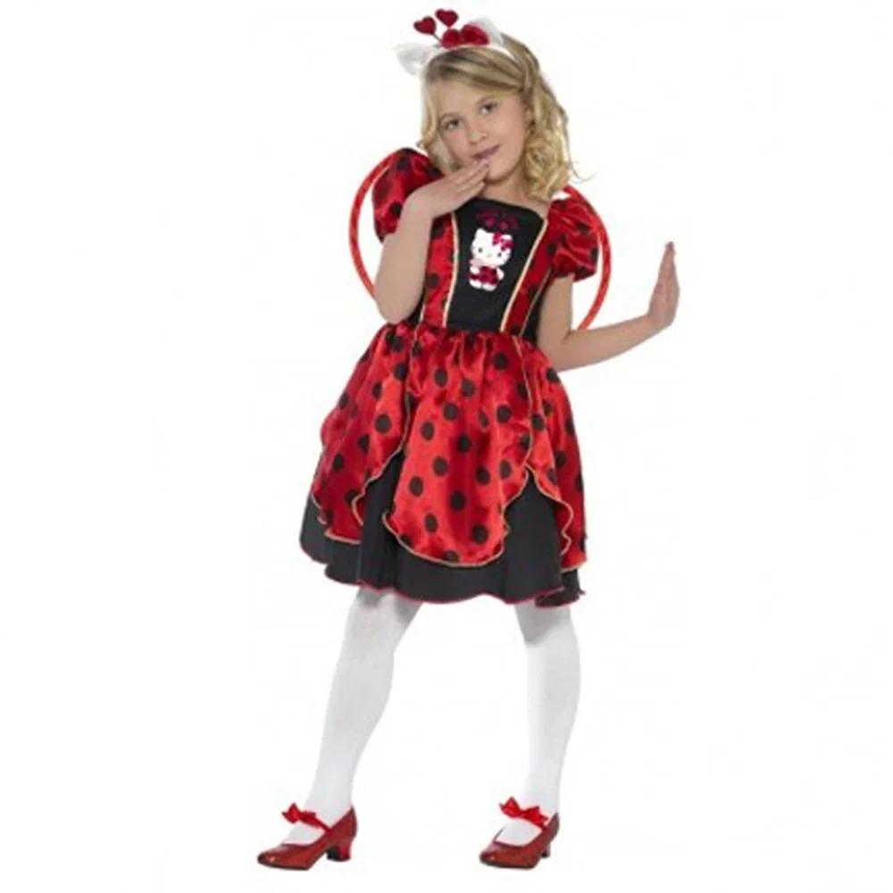 Little Girl Red and Black Polka Dots Dress Kitten Costume Fantasia Infantil Children Fancy Dress