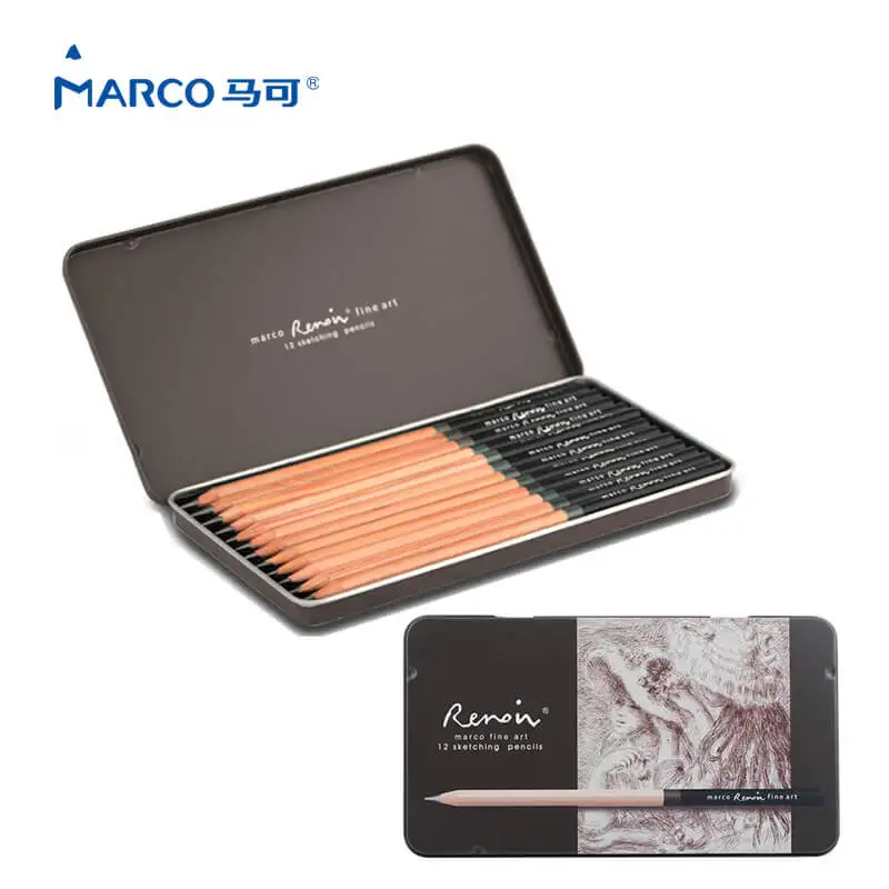 

Professional Art Sketching Pencil Set Marco 3001 Renoir 12pcs Tin Box Lapices Artist Quality Wood Sketch Pencil School Supplies