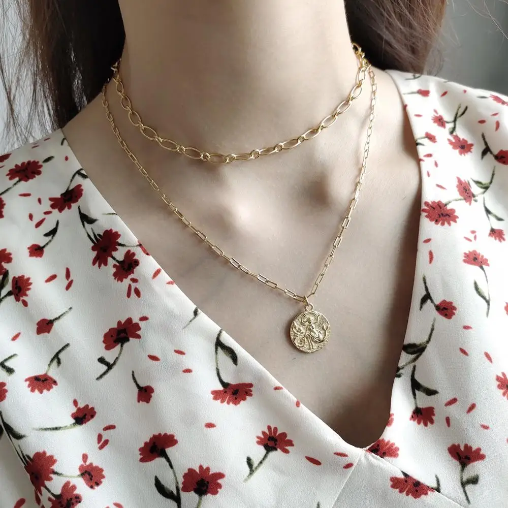

New Summer Jewelry S925 Silver Gold Color Coin Shape Mermaid Pendant Choker Necklace For Women Gift Thick Link Chain Jewelry