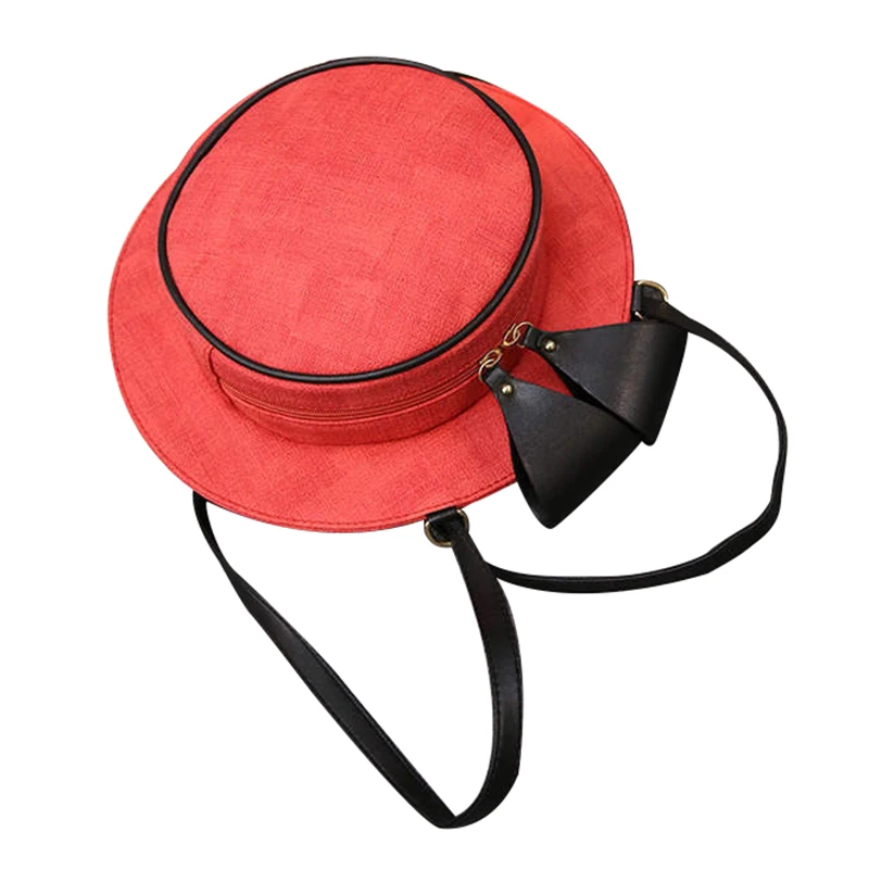 

ABDB Woman Mini Kawaii Dual use bag Bowknot Straw Round Hat Handbag Shoulder Bag