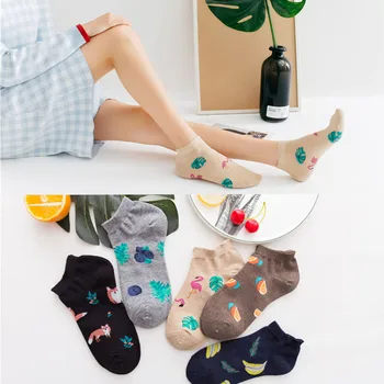 

Korean Harajuku Fresh Fruits women Socks cute Funny Animal Flamingos Lemon Avocado sushi Kawaii woman short Sock