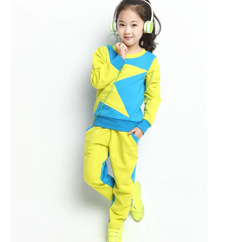

New 2016 Spring And Autumn Baby Girls Two-piece Sports Suits Children Long Sleeve Sets Pentagram Casual Suit Kids Clothes 4-14Y