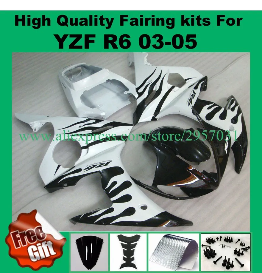 

9Gifts, Fairing body for YZF R6 03 04 05 YZF-R6 fairings #U2D2 YAMAHA YZF600 R6 2003 2004 2005 White black flame fairing kits