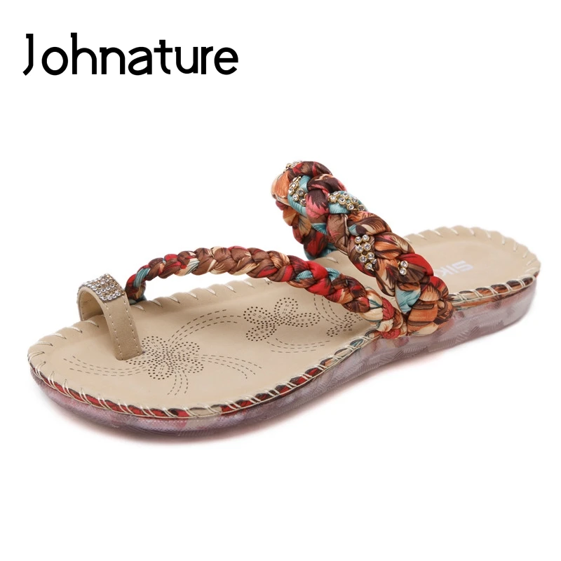 

Johnature Solid Color 2019 New Summer Slippers Outside Crystal Sandals Flat With National Style Slides Bohemia Women Shoes