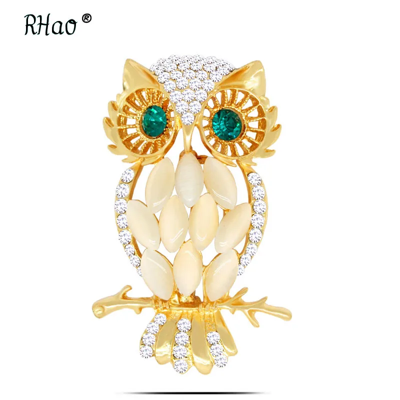 

RHao Luxury Crystal Opal Owl Brooches Gold-color Green Eyes owl animal jewelry pins women men suit corsage girls scarf clips