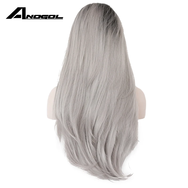 Anogol Long Loose Wave Synthetic Lace Front Wig Black Ombre Gray Peruca Laco Sintetico Heat Resistant Natural Hairline Hair Wigs