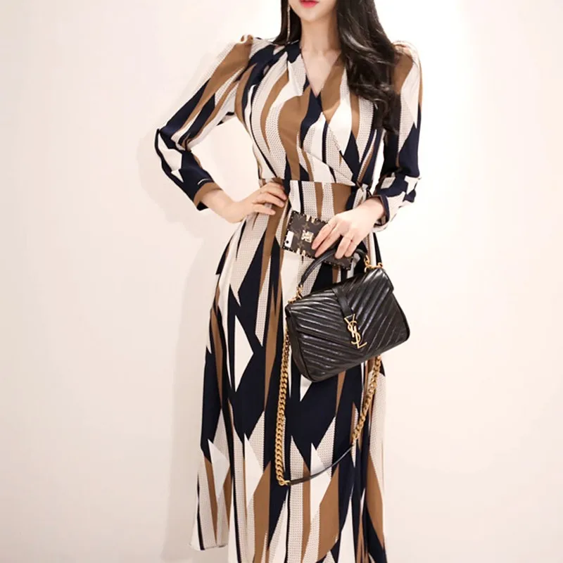 

2019 New Runway Sexy Striped Print Dress Women Korean Style dress V-neck Bow Bandage Loose Vintage Long Swing Dresses Vestidos