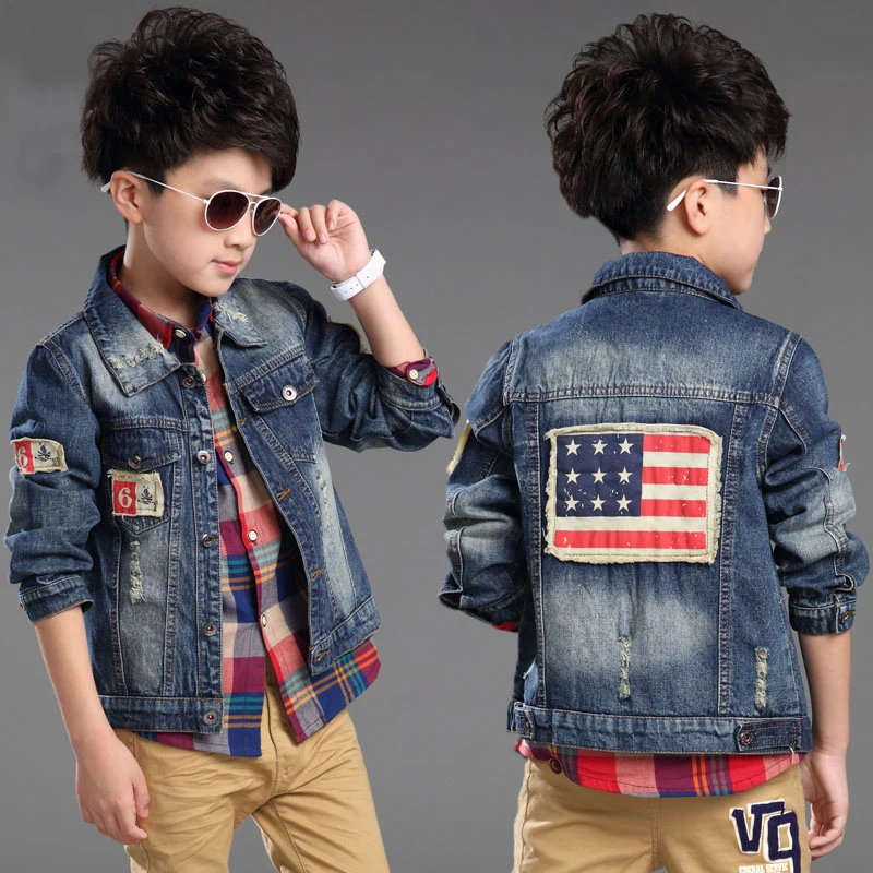 

Famli Boys Denim Jacket 2018 Children Spring Fall Fashion Cotton Coat for Teen Kids Full Patchwork Jean Jackets Outerwear