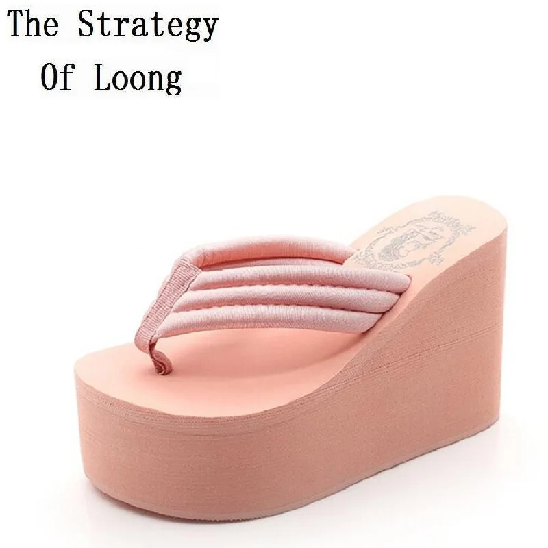2017 New Arrival Women Chunky Sandals High Heels Wedges Flip Flops Lady Pure Color Water Taiwan
