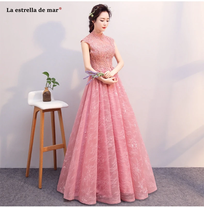 Vestido madrinha new lace high neck cap sleeves open A Line blush pink bridesmaid dress long robe demoiselle honneur plus size