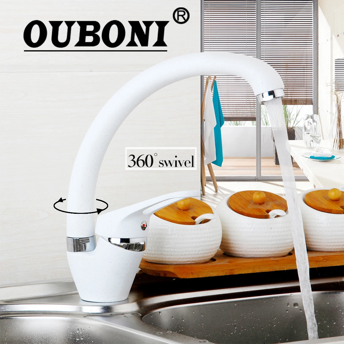 

OUBONI 360 Swivel degree rotation Kitchen Faucet White Painting Water Mixer Single Handle for Kitchen Basin Sink Mixer Tap