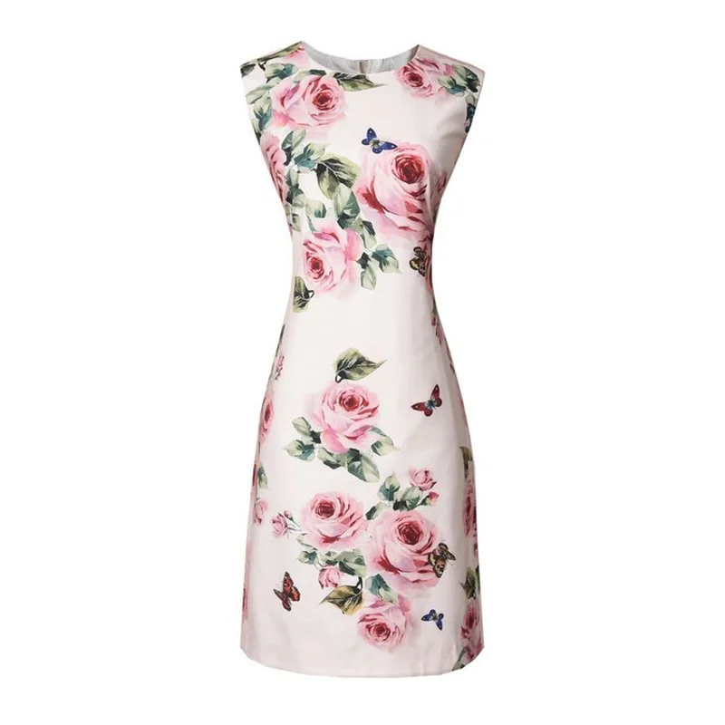 Fashion 3D Flower Print Women Dress Elegant O Neck Sheath Dresses-in ...