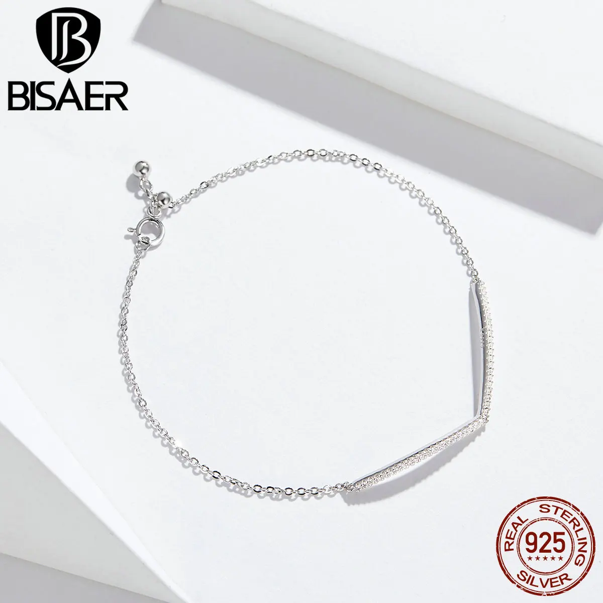 BISAER Кристалл Pulseira 925 пробы Серебряный светящийся кубический циркон женские серебряные браслеты свадебные ювелирные изделия из стерлингового серебра ECB137