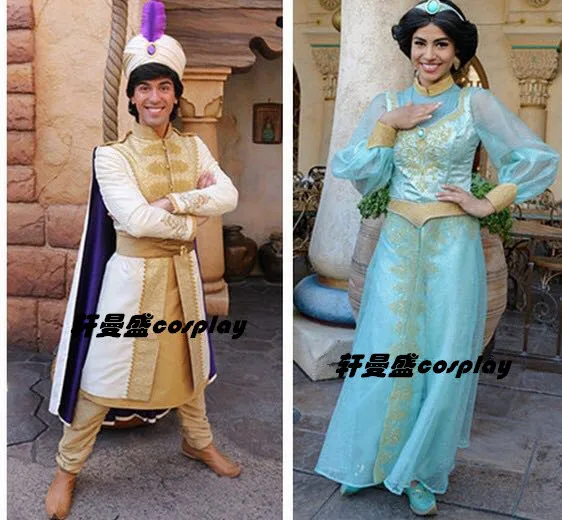 New Arrival Aladdin Lamp Prince Princess Jasmine Lovers Cosplay Costume For Adult Man Women Halloween Party Costume Custom Made New Arrival Aladdin Lamp Prince Princess Jasmine Lovers Cosplay Costume For Adult Man Women Halloween Party Costume Custom Made