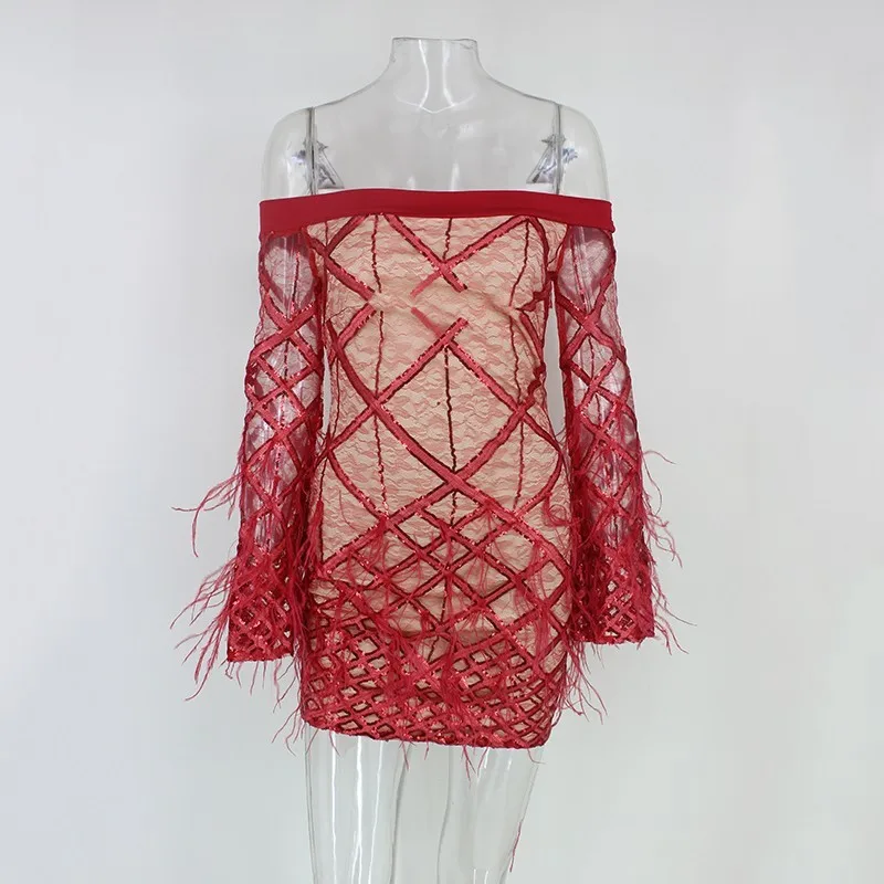 Ohvera зимнее платье с перьями для рождественской вечеринки, женское платье в клетку с открытыми плечами, облегающее мини-платье с открытой спиной, сексуальные платья Vestidos - Цвет: Красный