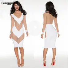 

All White Bodycon Dress Party Gauze Dress New Sexy Mesh Lace Long Sleeve See Through Dress Sexy Night Club Wear Deep V Neck