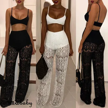 

New Summer Women See Through High Waist Sheer Mesh Solid Lace Long Pants Women Trousers Hot