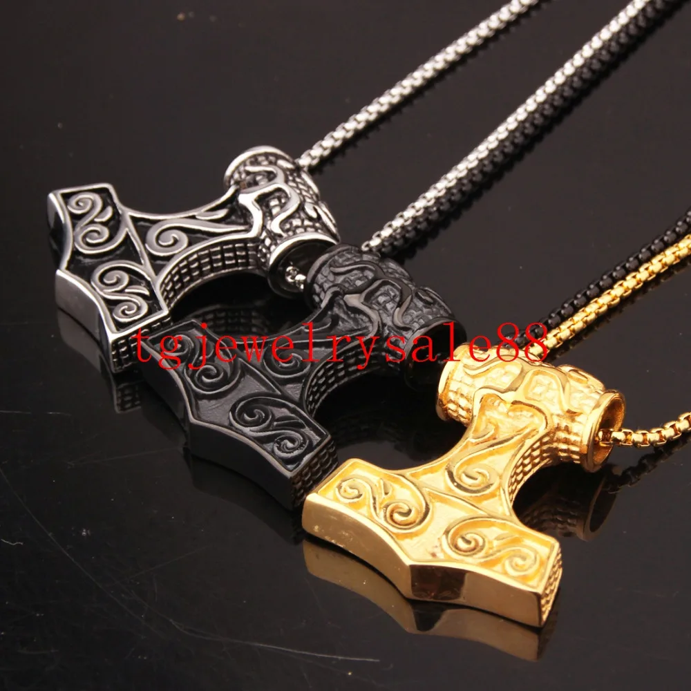 

Trendy Cool Stainless Steel Thor's Viking Hammer Mjolnir Pendant Charm Men Silver Gold Black Tone Necklace Free Box Chain