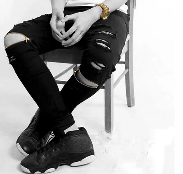 Новые рваные джинсы мужские Узкие рваные до колена молнии байкерские джинсы модный бренд хип-хоп ночной клуб swag Белый Черный Jogger Брюки