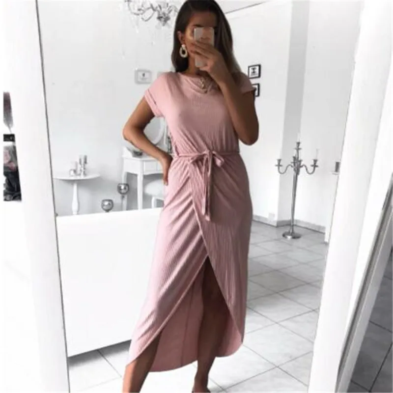 2019-Women-Solid-Office-Dress-Spring-Summer-Draped-Short-Sleeve-O-Neck-Elegant-Ladies-Bow-Lace