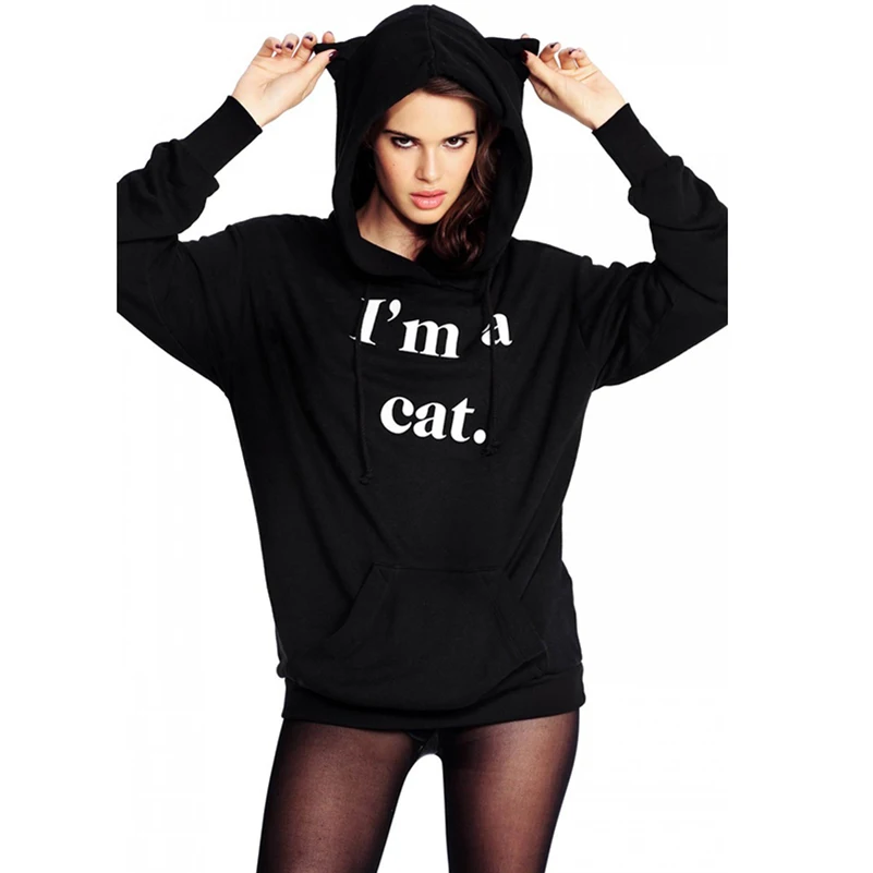 

Letter Print Cat Ears Cute Casual Hoodies Women Oversized Hooded Loose Sweatshirt Female Kawaii 2019 Fashion Female Pullovers -N