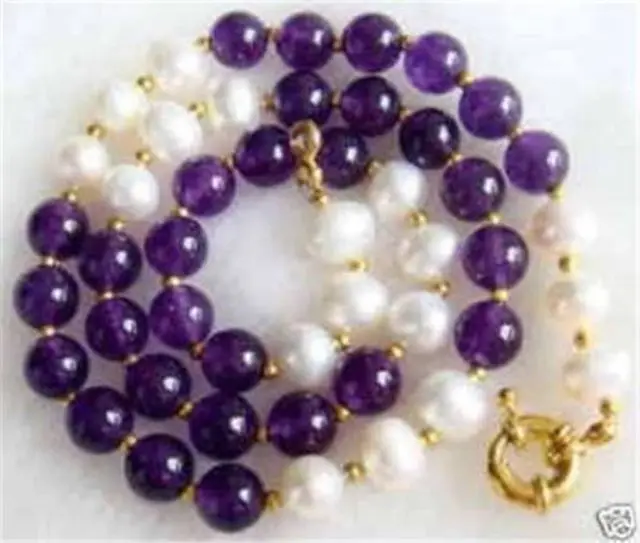 

Free shipping@@@@@ BEAUTIFUL 7-8MM REAL WHITE PEARL & 8MM PURPLE AMETHYST BEADS NECKLACE 18