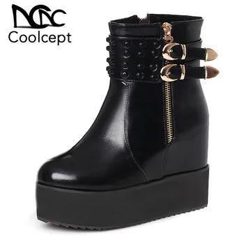 

CoolCept Plus Size 30-47 Fashion Women High Wedges Boots Rivet Zipper Warm Fur Shoes Women Winter Ankle Boots Sexy Footwear