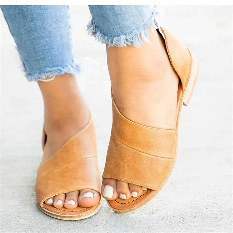 verano para mujer, zapatos de moda, sandalias bajas, Punta abierta, informales, 2019 AliExpress