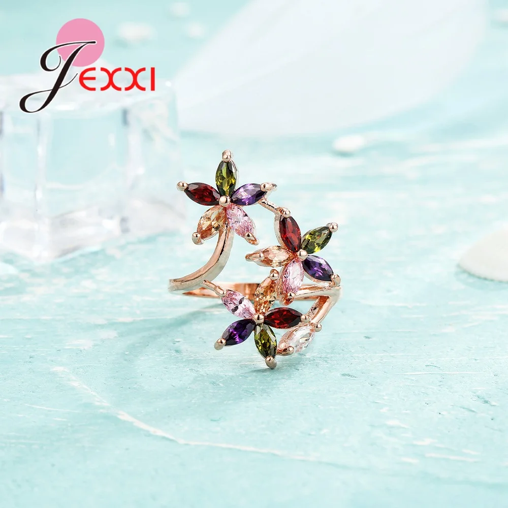 Сверкающие пять цветов цветы кубический циркон розовое золото цвет кольца для женщин Свадебные обручение юбилей ювелирные изделия