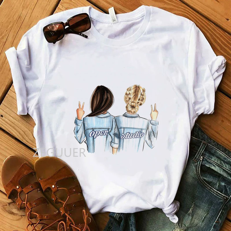 

Open Studio Girl T-shirt Vogue Best Friend Illustration Tees 100% Cotton Summer Tops Soft O-Neck White Women Casual T-Shirt