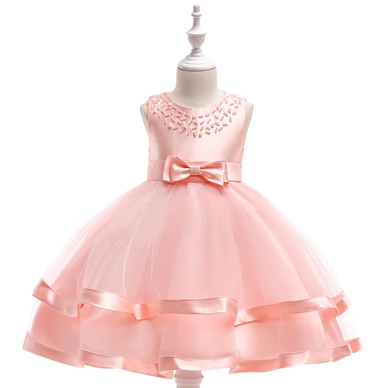 

Retail Pearls Neck Cute Kids Girl Dress Clothes Children Evening Party Prom Dress Bow Lovely Elegant Girls Wedding Dress L5017