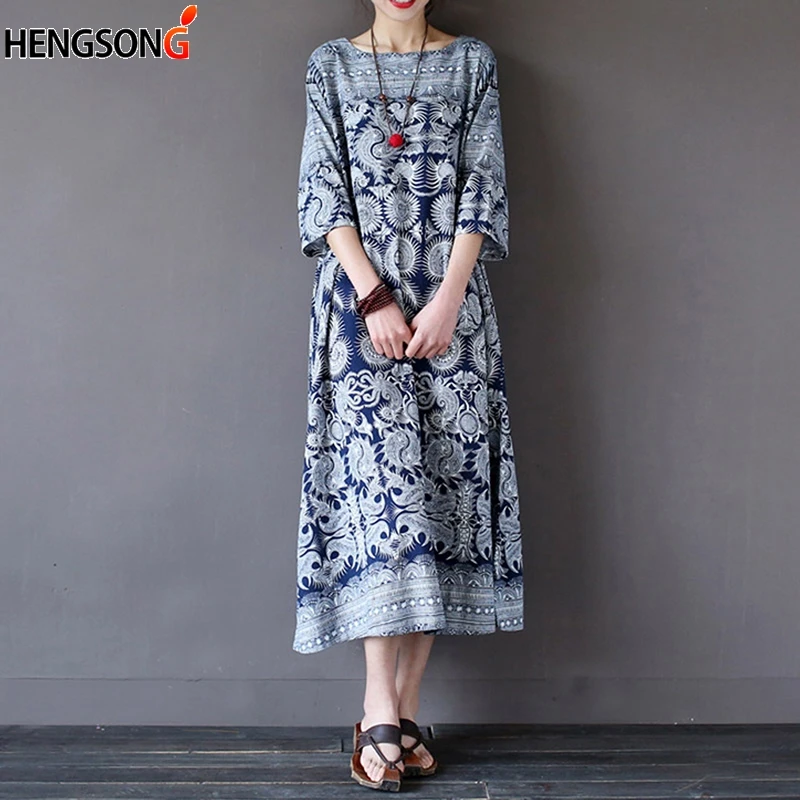 

Womens Dress Floral Print Casual Loose Kaftan Oversized Vestido Womens Summer Half Sleeve O Neck Retro Maxi Long Dress